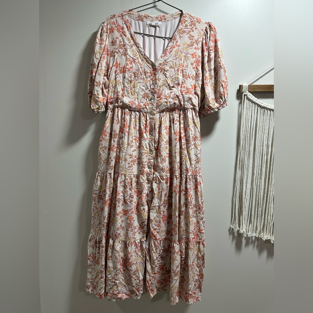 Floral V-Neck Tiered Maxi Dress in Cream and Coral